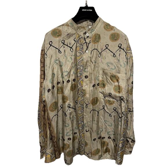 Hey Man Shirt Mens Medium Beige Silk Mandarin Collar Abstract Print Long Sleeve - Picture 1 of 12